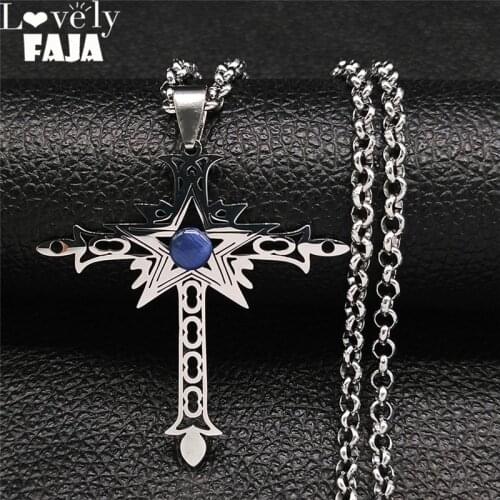 Opal Stainless Steel Witchcraft Pentagram Cross Chain Necklaces Women Silver Color Pendant Necklace Jewelry pendentif N1192S03