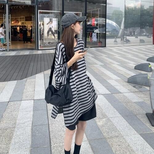 Large Size Striped Short-Sleeved T-Shirt Women Loose And Thin Mid-Length Summer New Round Neck Top