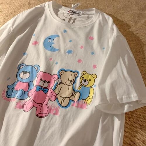 2021 Top Brand Fashion Cute Bear T Shirts Women Cotton Tshirts Oversized Graphic Tee Summer New Streetwear Female Tops Plus Size