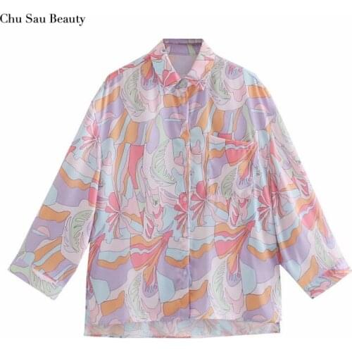 Chu Sau Beauty 2021 Womens Retro Print Shirt Fashion Lapel Loose Long-Sleeved Shirt Top Chic Irregular Side Slit Hem