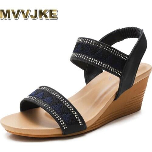 MVVJKE Women Wedge Sandals Casual Elastic Band PU Fashion Med 5cm Basic Leather Gladiator Sandals Sandalias De Tacon