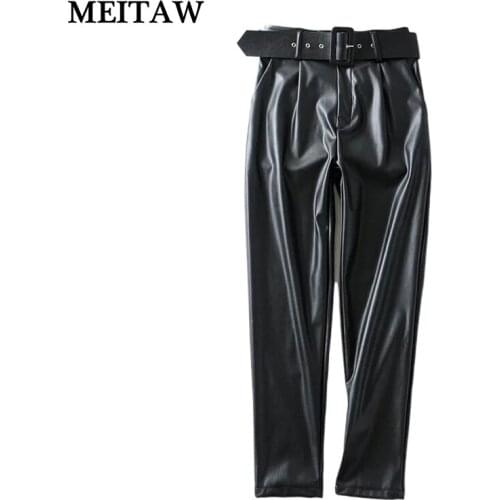 Women High Waist Pencil Pants 2021 Autumn Winter PU Leather Trousers With Belt Elegant Korean Loose Pocket Pants