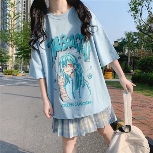 Blue Anime Casual 2 Pieces Skirts Set Women Print Pattern Short Sleeve T-shirt+Plaid Skirt JK Pleated Mini Skirt Matching Set