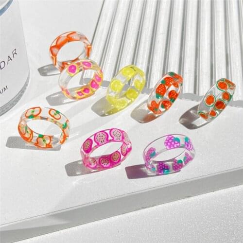 Resin Fruit Rings for Women Cute Strawberry Apple Watermelon Lemon Kiwi Summer Knuckle Transparent Acrylic Resin Ring Jewelry