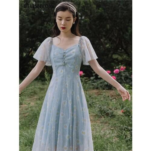 Womens Fairy Mesh Party Dress 2021 Summer Square Collar Floral Printed Blue Dress High Waist French Feminine Elegant Dresses