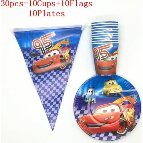 30Pcs/60Pcs Disney Newest Lightning McQueen Disposable Paper Cups Plates Flags Kids Favor Birthday Party For 10/20 People Use