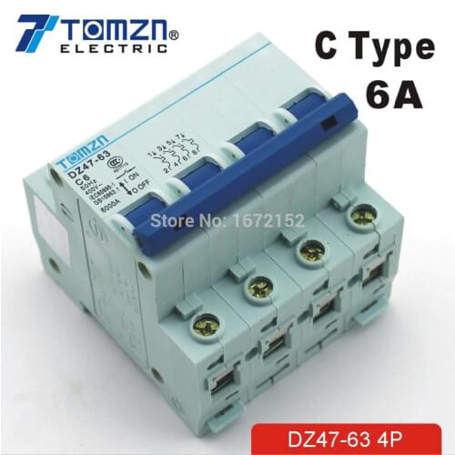 4P 6A 240V/415V Circuit breaker MCB C TYPE 4 Poles