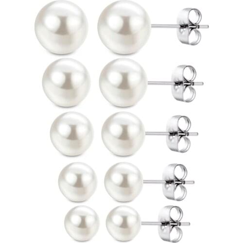 5 Pairs Assorted Sizes Shiny Imitation Pearl Round Ball Stud Earrings,Stainless Steel Earrings Pin, Hypoallergenic