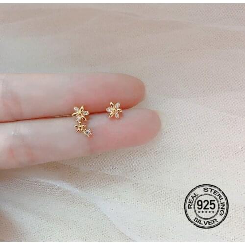 925 Sterling Silver Earrings For Women Flower Zircon Crystal Asymmetrical Fashion Design Simple Girl Wedding Jewelry Gift INEFFA