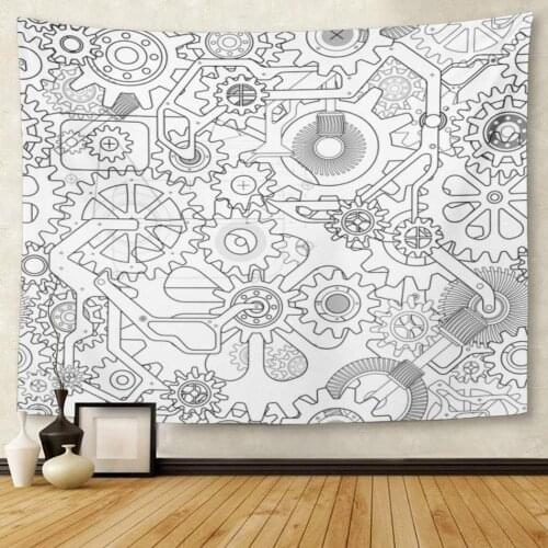 Abstract Clockworks Mechanism in Steampunk Style with Many Gears Drawn Blueprint White Ancient Antique Tapestry Wall Hanging