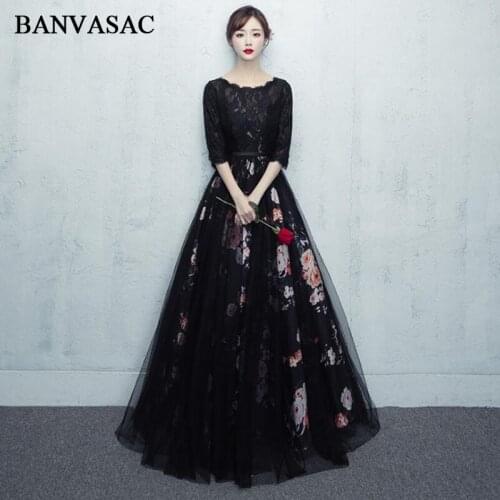 BANVASAC Elegant O Neck Floral Print Backless A Line Long Evening Dresses 2018 Party Lace Half Sleeve Sash Prom Gowns