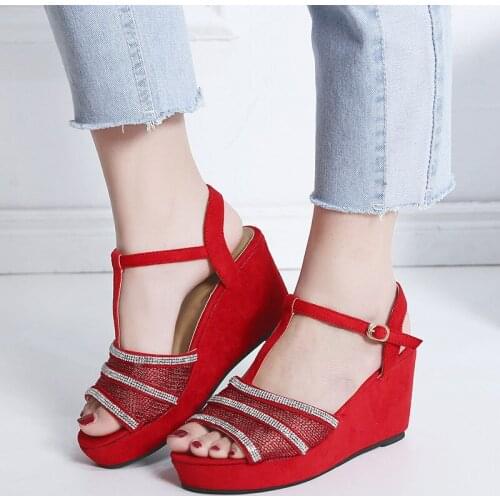 Fashion Womens T-Strap Buckle Peep Toe Sandals Wedge with Roman Platform Sexy High Quality Outsid Ladies High Heel Shoes