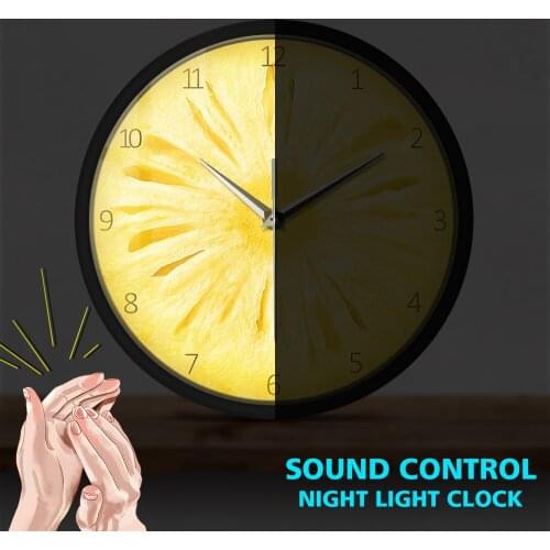 Pineapple Fruit Slice Sound Control Wall Clock Shop Boss Kitchen Time Watch With LED Illumination Night Light Lamp