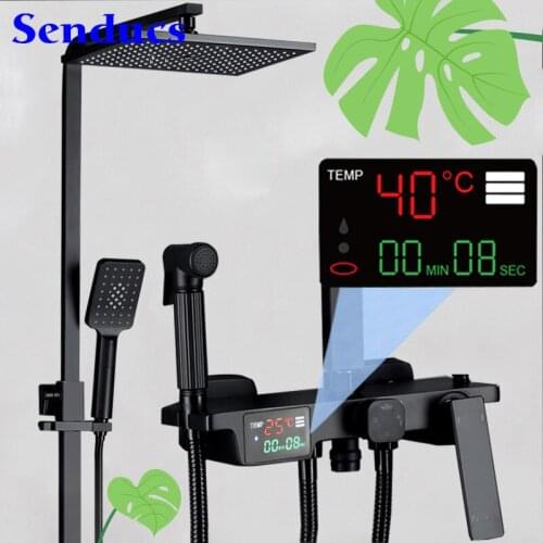 Bathroom Digital Shower Set Matte Black Thermostatic Shower System Rainfall Shower Head Matte Black Digital Shower Mixer Set