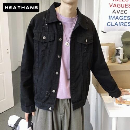 Denim Jacket Mens Personality Ripped Hole Washed Jean Jacket Male Slim Korean Style Casual Jacket Mens Autumn Winter Jacket Top