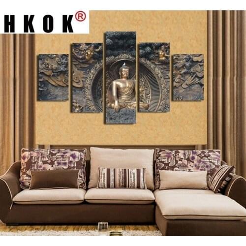 HKOK Modern Abstract Wall Art Canvas Prints Landscape Canvas Painting 5 Pcs Buddha Landscape Modular Painting Decor Picture
