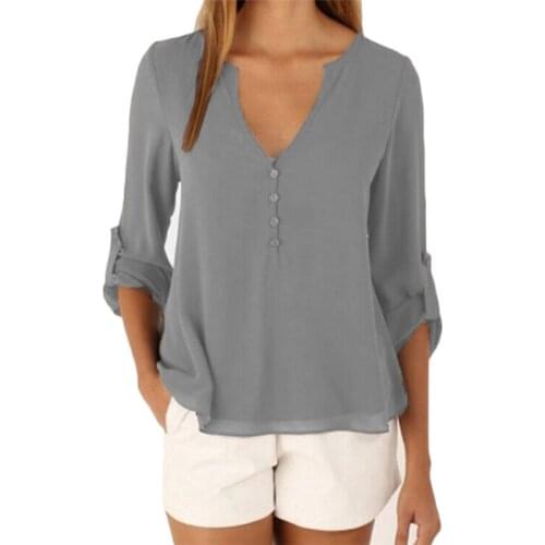 Elegant T-shirt For Women 2021 Summer New Fashion Solid Color Long Sleeve V-neck Loose Plus Size Chiffon Shirt Female LR1129