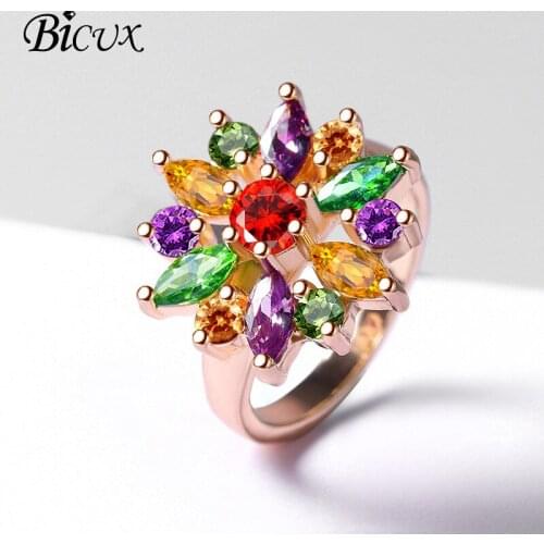 BICUX Geometric Rose Gold Silver Color Multicolor Crystal Rings for Women Wedding Fashion Ethnic Love Women Ring Jewelry