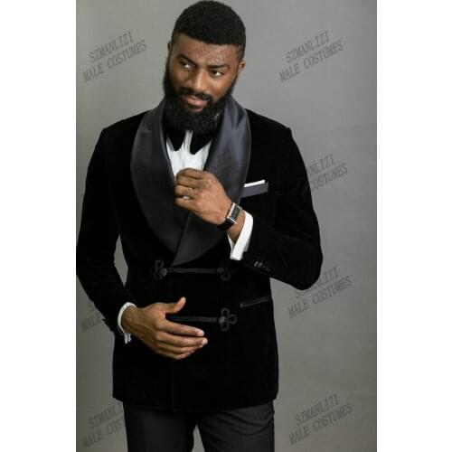 New Design Black Velvet Men Suits Double Breasted Tailor-Made Tuxedo 2 Pieces Blazer Pant Wedding Party Groom Costume Homme