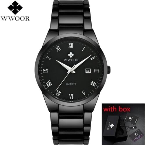 WWOOR Mens Watch Stainless Steel Waterproof Man Watches Quartz Analog Date Clocks Male Black Strap Wristwatch montre homme #a
