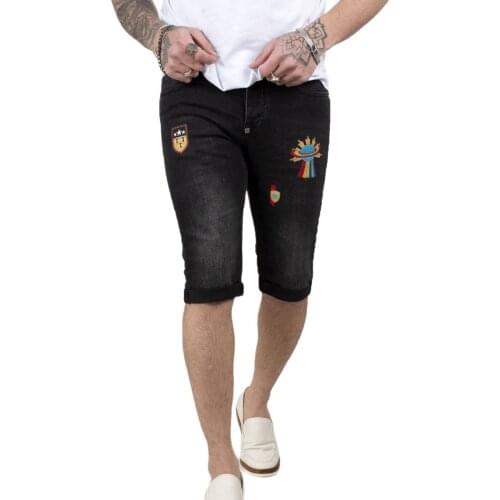 DeepSEA Male Black Embroidery Decorated Jeans Capri Cotton Shorts Slim Fit Lycra High Quality Spring Summer Casual 2110144