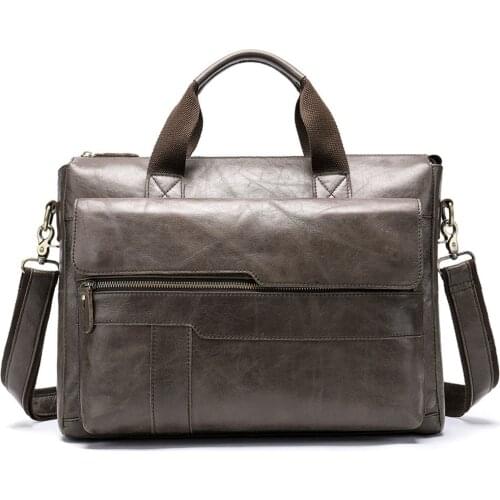 100% Natural Genuine Leather Mens Handbags 14" Laptop Bag Large Capacity Gray Briefcase