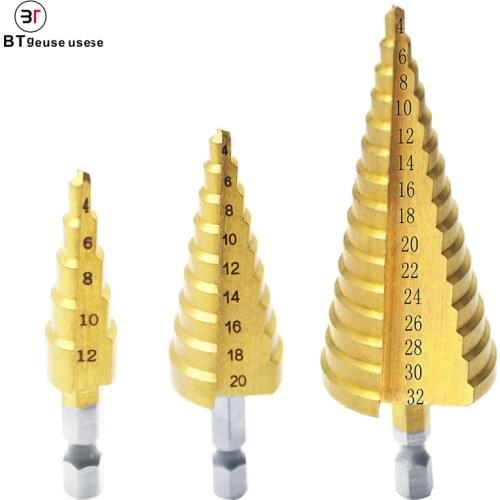 Metal Drill Step Drill Bit HSS Steel Cone Titanium Coated Mini Drill Bit Tool Set Hole Cutter Hex Shank Straight Groove set 3PCS