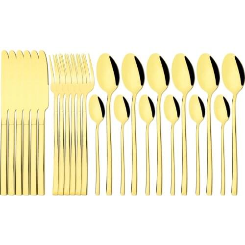 24Pcs Mirror Gold Cutlery Set Knife Fork Spoon Dinnerware Dinner Tableware Stainless Steel Flatware Bar Silverware Set Kitchen