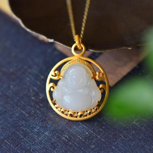 Original new ancient gold craftsmanship inlaid zircon natural Hetian jade Chinese style ladies necklace pendant