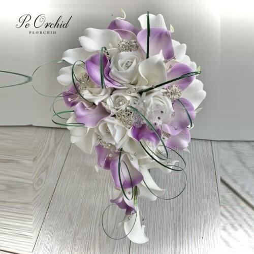 PEORCHID Artificial Wedding Flowers Teardrop Brooch Bouquet Lilac White&Calla Lily Roses Real Touch Cascade Bridal Bouquet