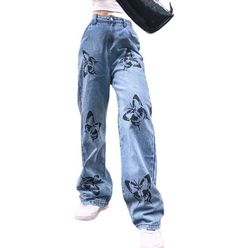 Casual Straight Jeans Wmen Mid-waist Butterfly Print Water Washed Long Denim Pants for Ladies T58712