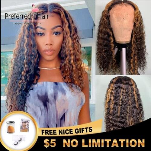 Preferred Mongolian Curly Human Hair Wig Remy Ombre Highlight Wig Pre Plucked 13x4 Lace Front Human Hair Wigs For Black Women