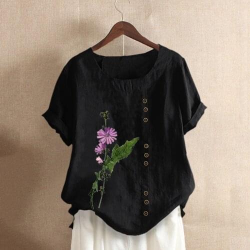 Cotton Linen Plus Size Shirt Womens Flora Printed Summer Button Shirt Short Sleeve Pullover Casual Blouse Ropa De Mujer 2021