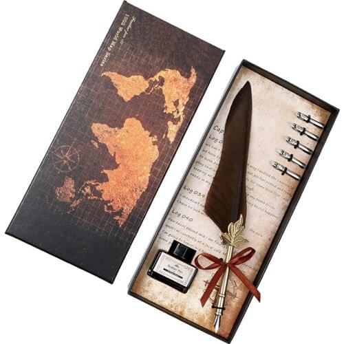 Vintage European Antique Feather Dip Pen Metal Nibbed Ink Writing Quill Pen Retro Scrapbook Feather Pen Birthday Creative Gift