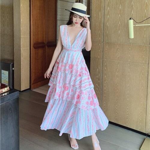 Sexy Deep V-Neck Backless Ruffles Beach Holiday Dress Womens Sleeveess Pink Printed Cascading Layer Chiffon Long Maxi Vestidos