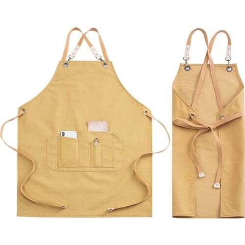 Gray Yellow Canvas Apron Crossback Strap Barista Bistro Restaurant Pastry Chef Uniform Florist Barber Hairdresser Work Wear E61