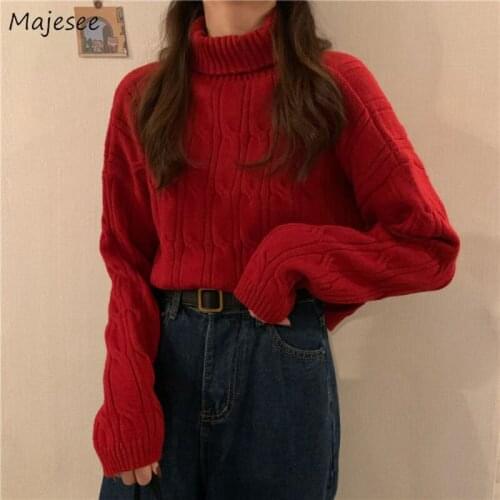 Turtleneck Sweater Women Red Solid Korean Style Loose Simple Soft Students Streetwear Winter Ladies All-match Leisure Fashion
