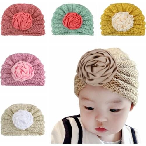 Yundfly Warm Baby Girls Knitted India Hat Newborn Satin Rosette Turban Beanie Children Crochet Knotted Hat