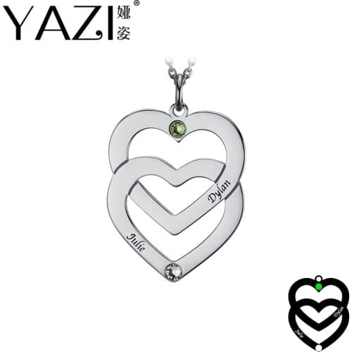 YAZI Unique Name Necklace Heart Linked To Heart With Double Birthstone Name Pendant For Couple Custom Jewelry Memory Gift