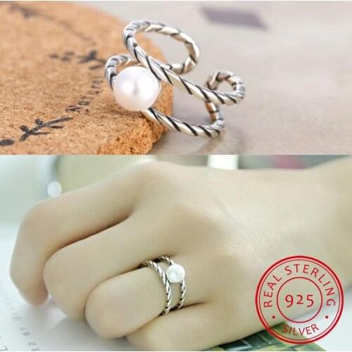 Trendy Korean Style 925 Sterling Silver Double Layer Wedding Rings For Women Pearl Zirconia Opening Rings S-R241