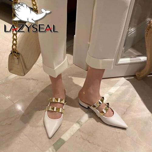LazySeal 2021 New Pointed Toe Mules Women Crystals Metal Half Slippers Shoes Summer Cool Slides Plus Size 43 Flip Flops