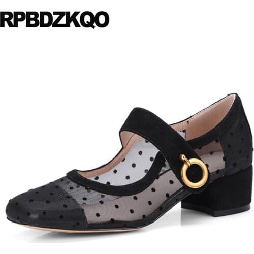 Black Pumps Thick 2021 Size 4 34 Korean Chunky Medium Heels Fashion Designer Mesh Casual Brand Block Shoes For Women Square Toe