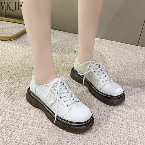 Spring Autumn Women White Oxford Shoes Platform Casual Shoes Black Lace Up Leather Shoes Sewing Round Toe Zapatos Mujer 2021
