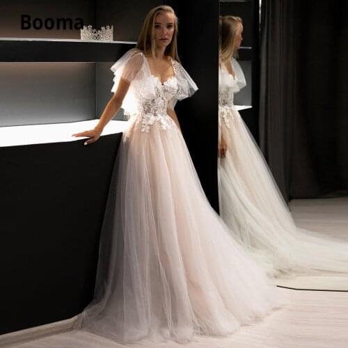Booma Tulle Wedding Dresses Lace 2021 Open Back Bohemian Beach Bridal Gowns Cap Sleeve Wedding Gown Princess Party Dress