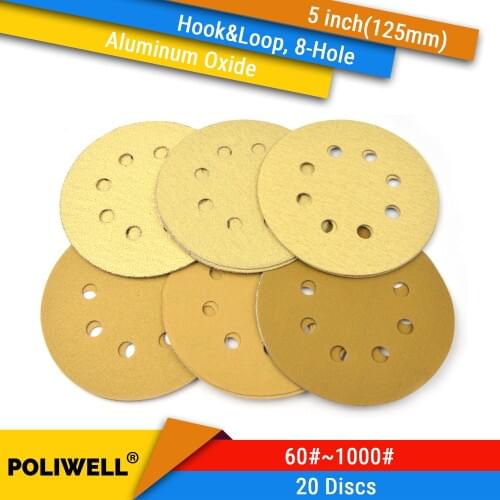 20PCS 5 Inch(125mm) 8 Holes Aluminum Oxide Hook&Loop Yellow Sanding Discs Flocking Abrasive Sandpaper for Dry Sanding, 60#-1000