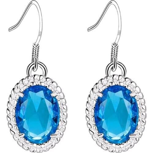 AiMolies Oval 10*14mm Blue Stone Sterling Silver Dangle Earrings D0086EG