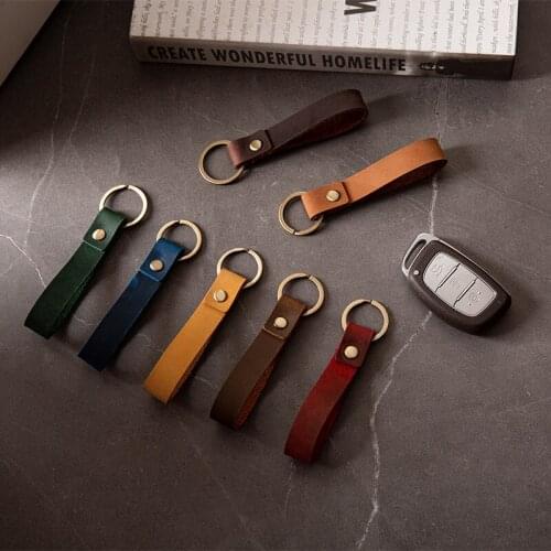 Solid Leather Keychains Handmade Genuine Leather Retro Key Ring Cowhide Green Brown Blue Key Chains For Men Women High Quality