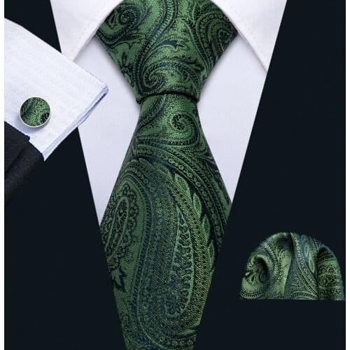 Green Silk Tie Handkerchief Cufflinks Set Men Classic Necktie Floral Ties for Business Party Designer Tie Barry.Wang FA-5165