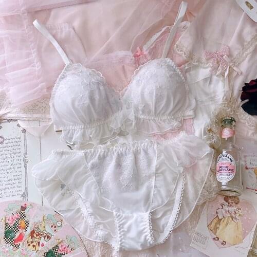 Super Fairy Cute Japanese Sexy Lace Bra Sets Underwear Women Girl Soft Transparent Princess See Through Bra Panties Brief White