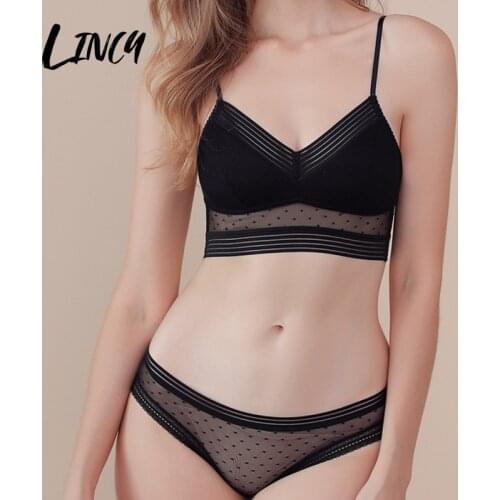 Backless Top Bra Push Up Plus Size Women Bralette Wire Free Sexy Lace Thin Dots Mesh Lingerie Brassiere Underwear Set